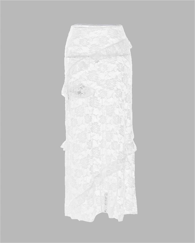 Lace Patchwork Ruffles Skirt White