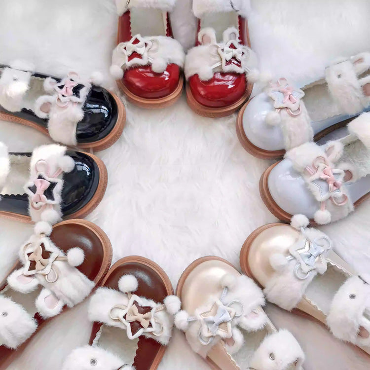 Star Bunny Ears Bowknot Furry Sweet Lolita Shoes 5 Colors Black