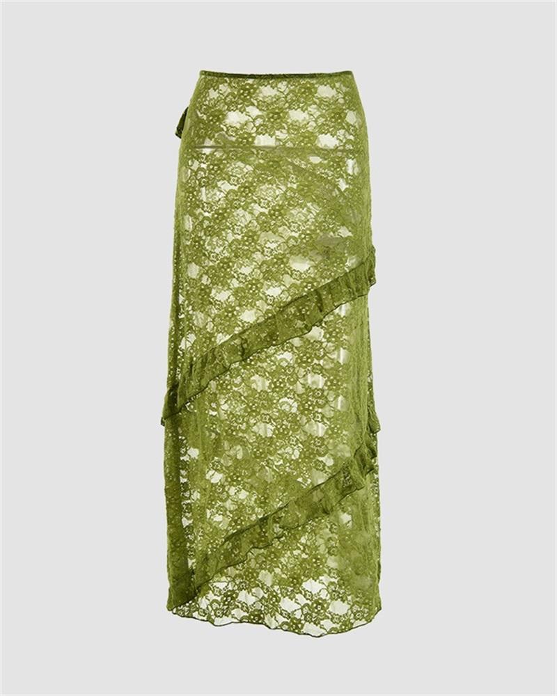 Lace Patchwork Ruffles Skirt Green