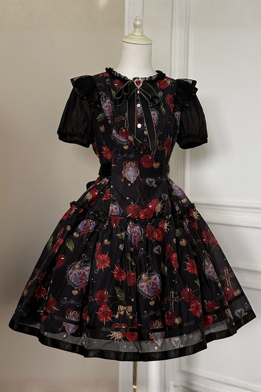 Retro Antique Cherry Sweet Lolita Dress + Jumper Skirt Black-Dress