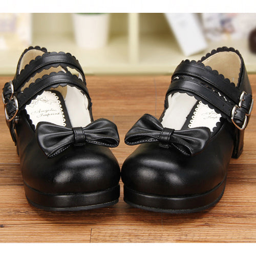 Double Buckle Bowknot Sweet Lolita Shoes Black