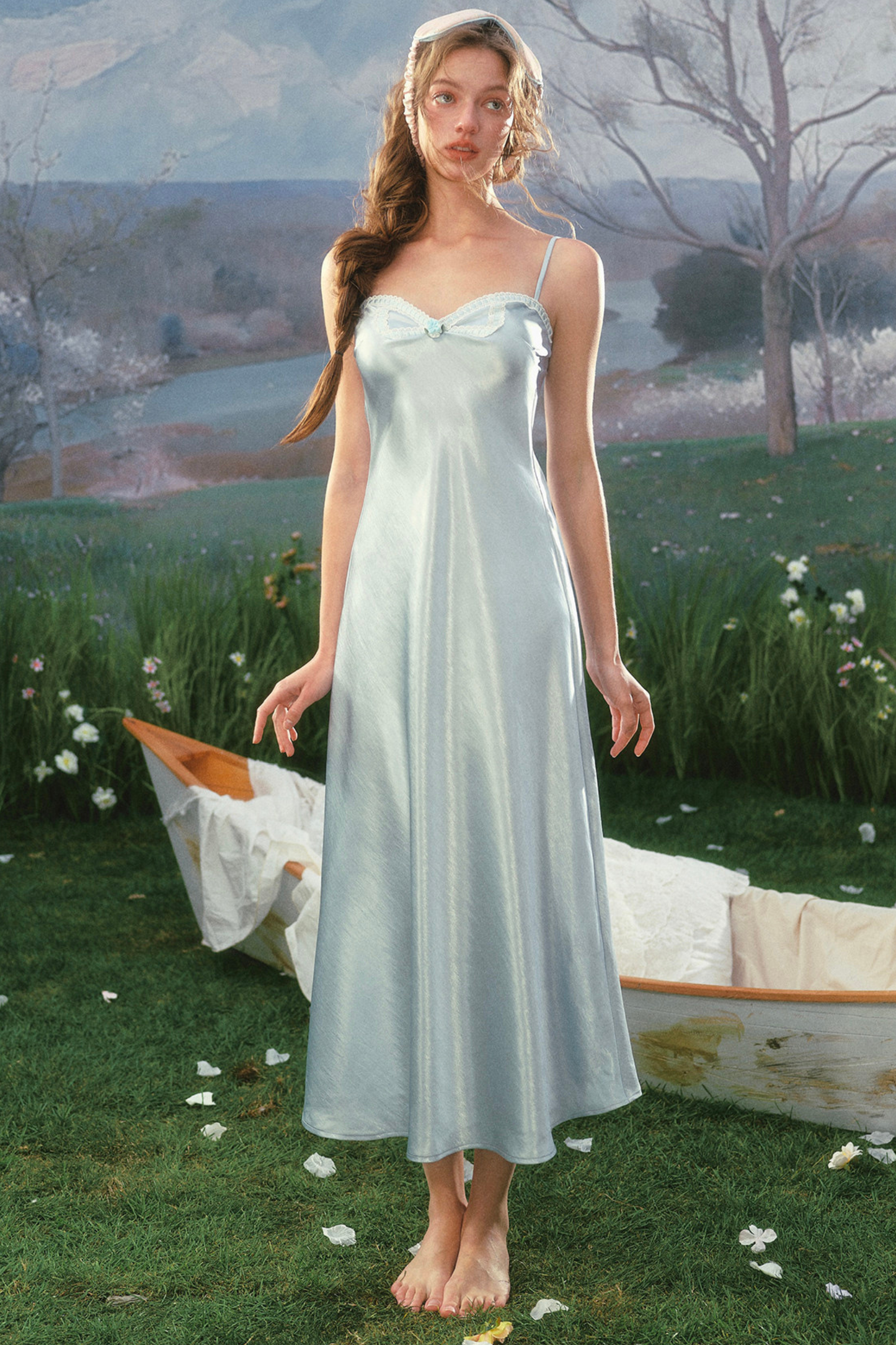 Lace Maid Blue Satin Cardigan Dress + Cardigan