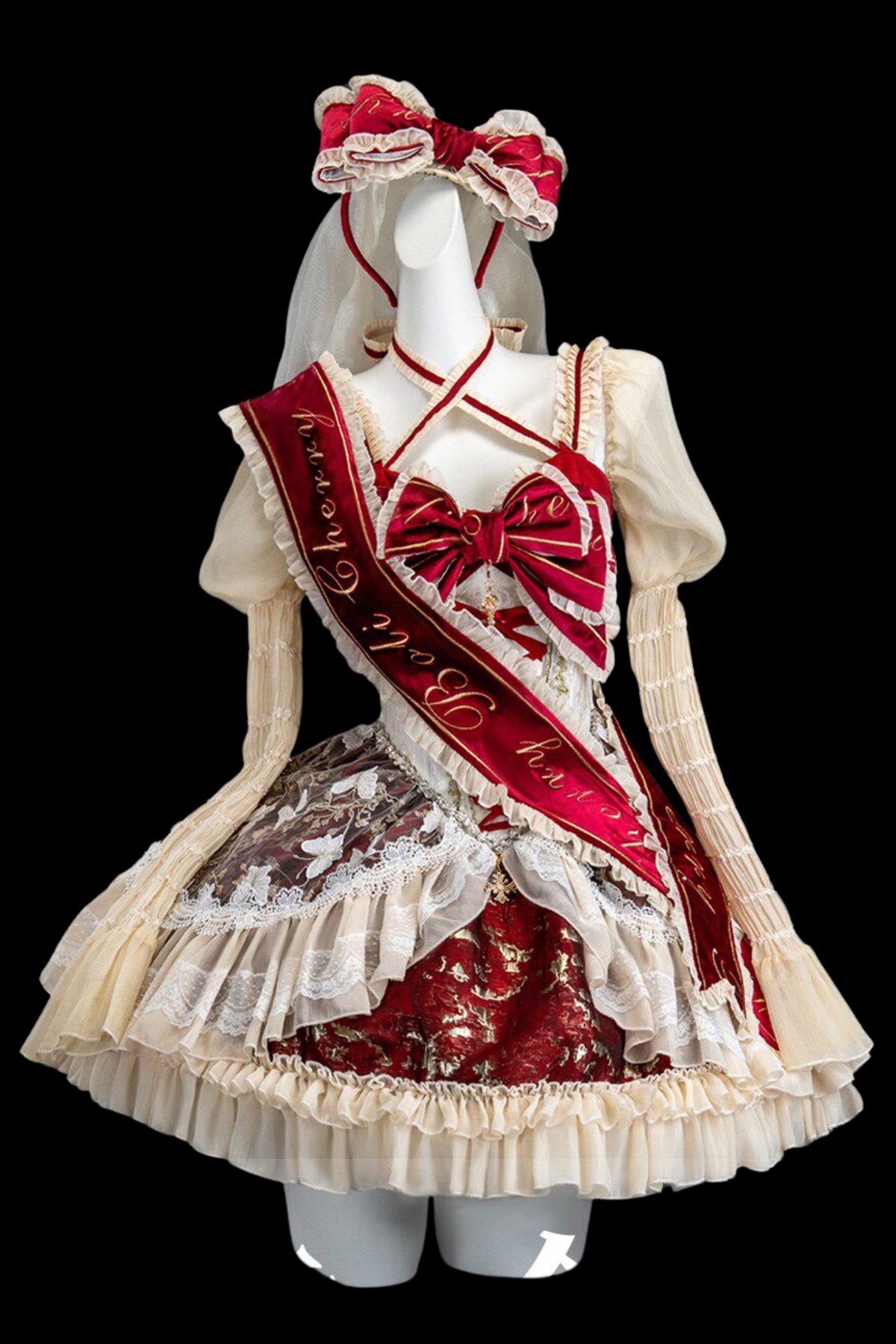 Sweet Baroque Lolita Dress + Veil + Ribbon + Headband + Tail + Sleeves Red (Set)
