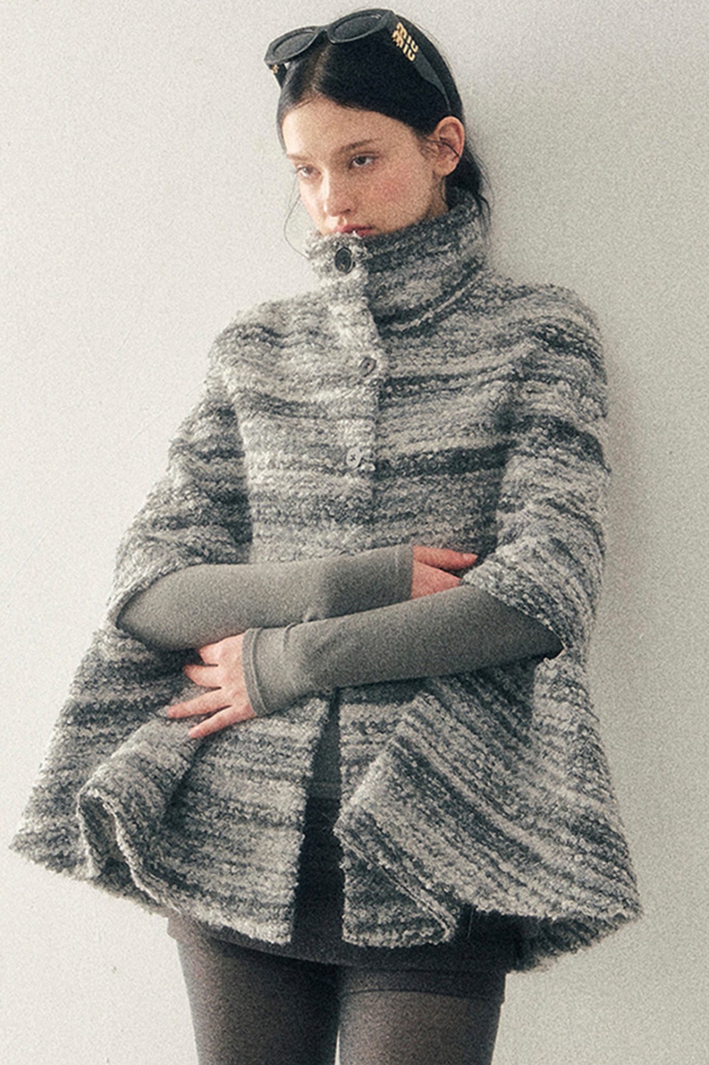 French Striped Wool Turtleneck Coat