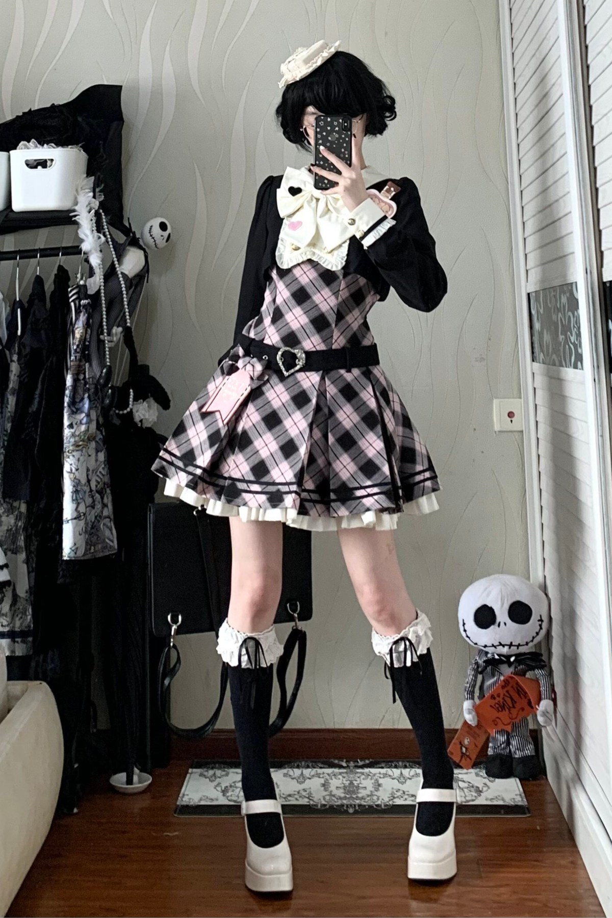 Check Sweet College Faux Two-Piece Dress + Beret