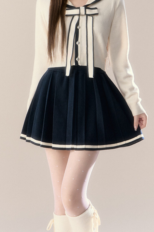 Sailor Ribbon Cardigan + Pleated Skirt Skirt