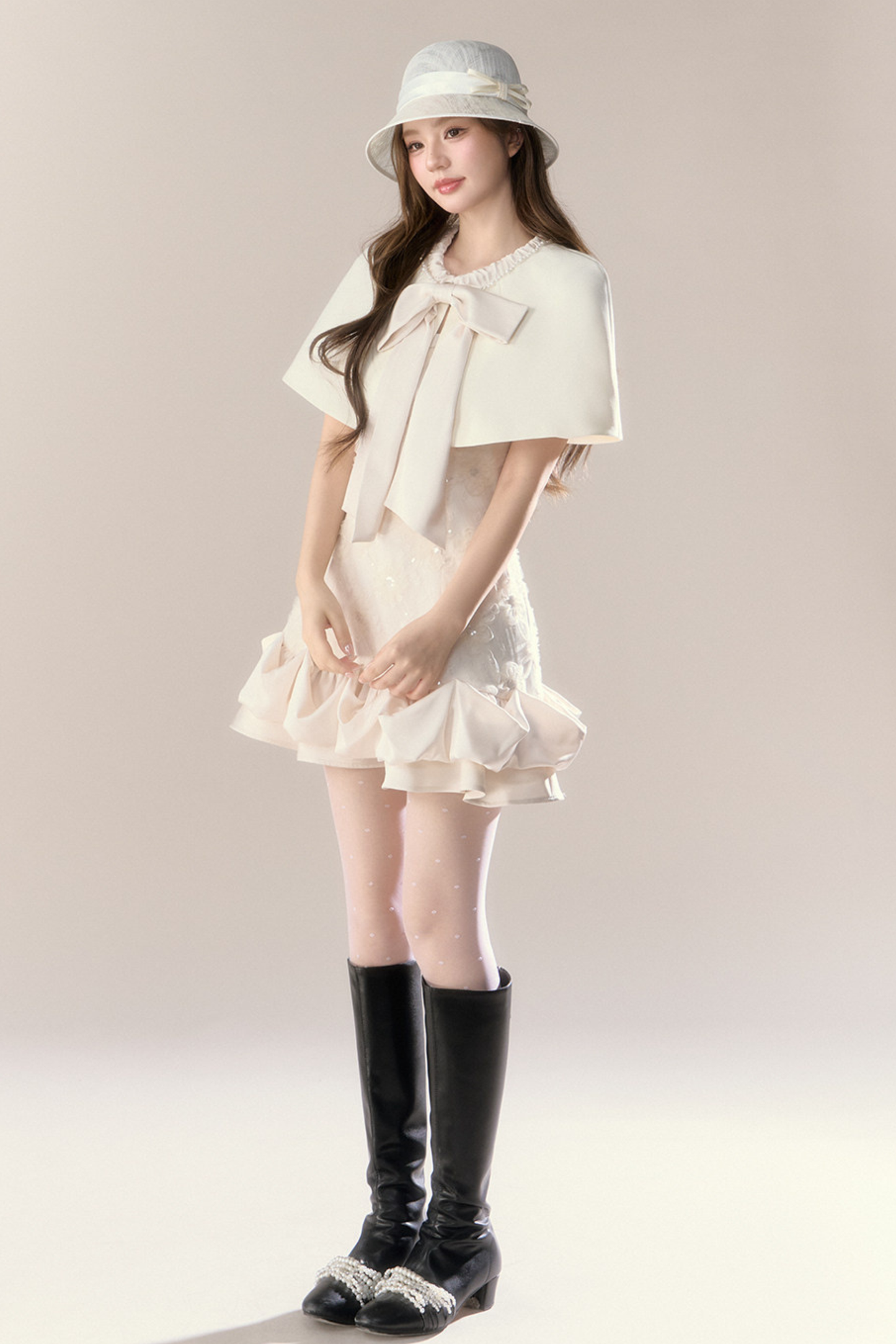 Frill Girly Pure Sleeveless Dress + Ribbon Cape