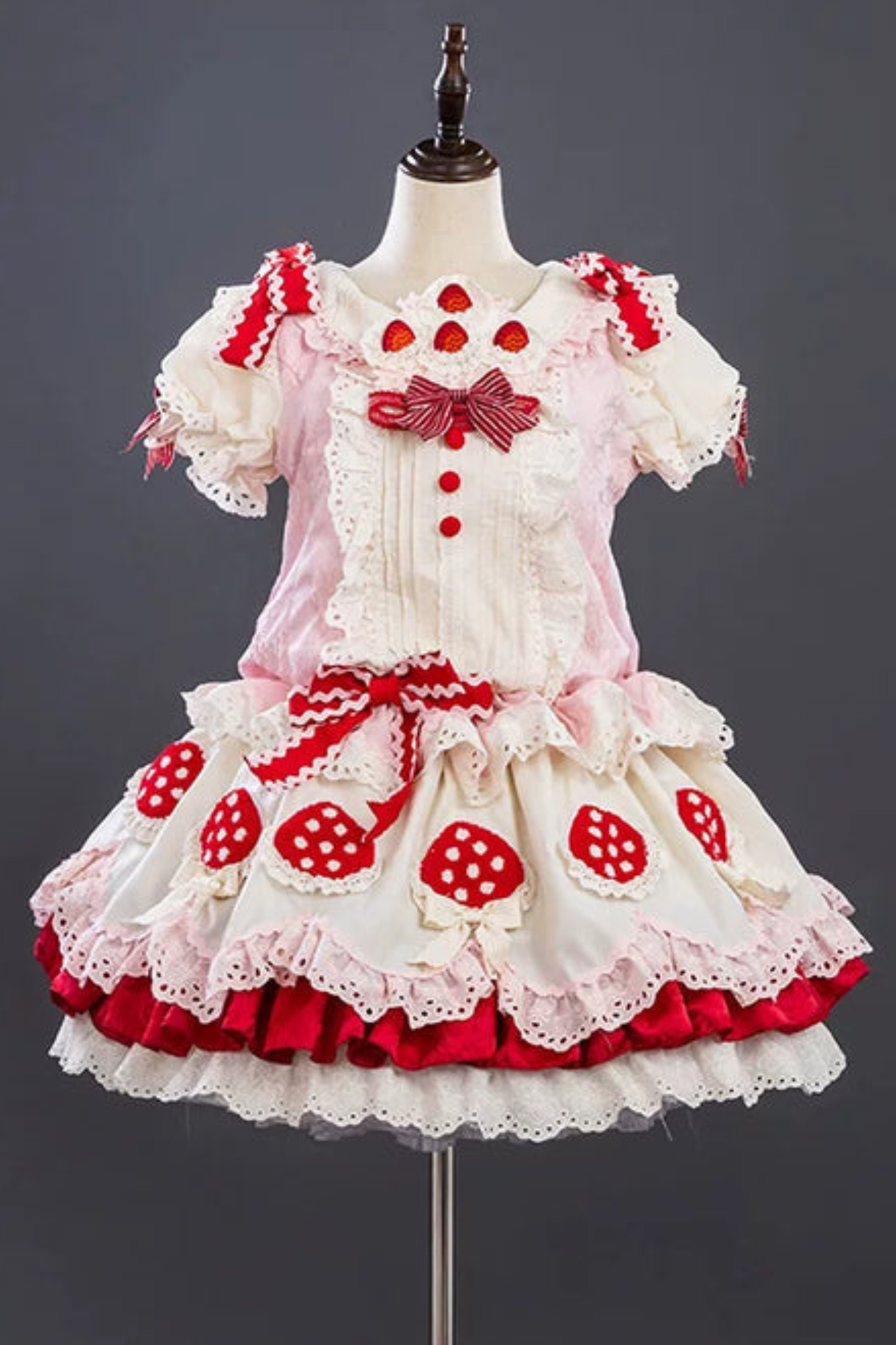 Strawberry Fantasy Lolita Dress + Jumper Skirt + Ribbon + Sleeves + Bonnet