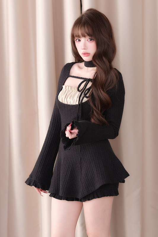 Ribbed Knit Dress + Shorts Black Free