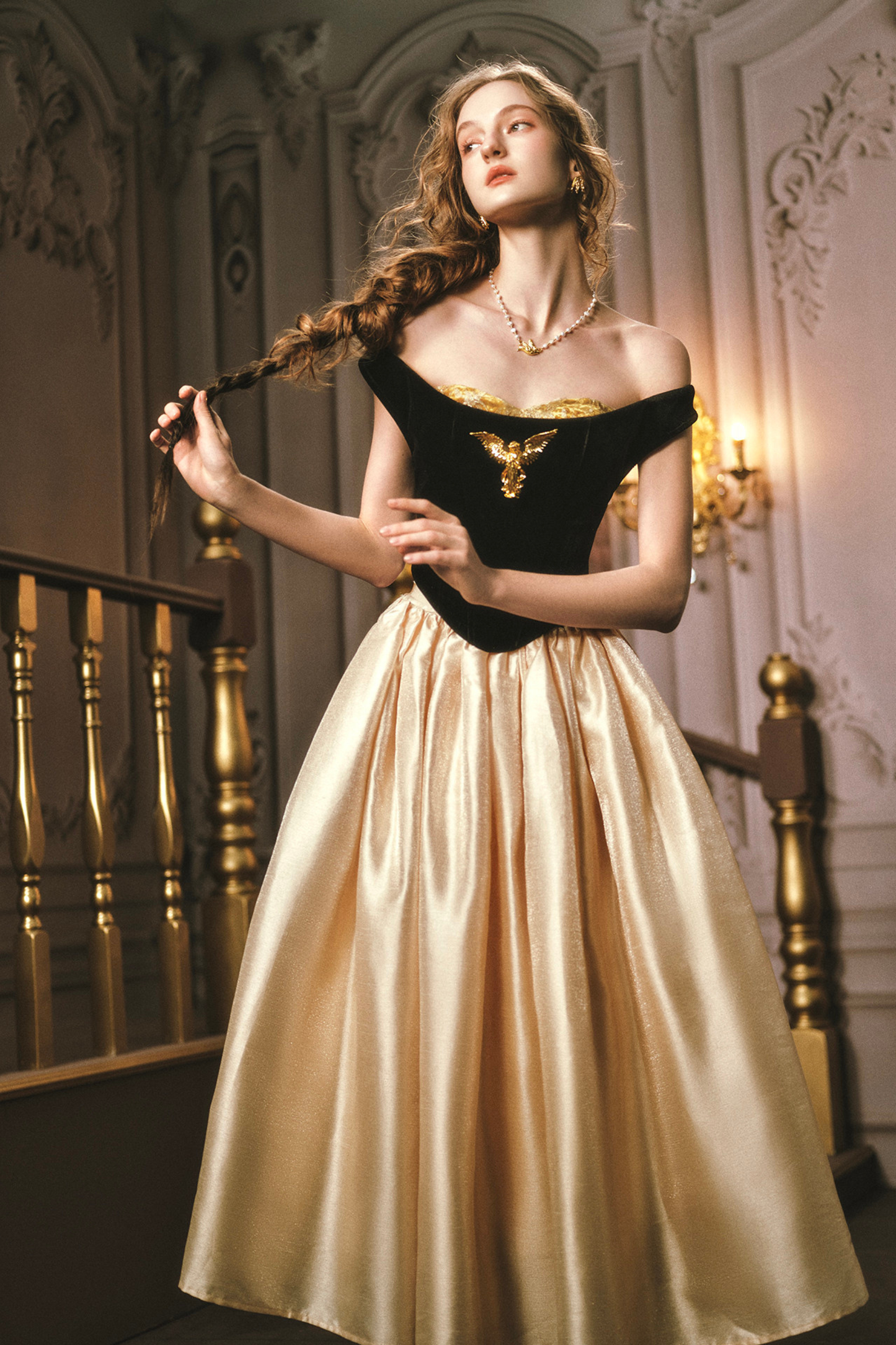 Golden Eagle Lace Corset Top + Skirt + Brooch