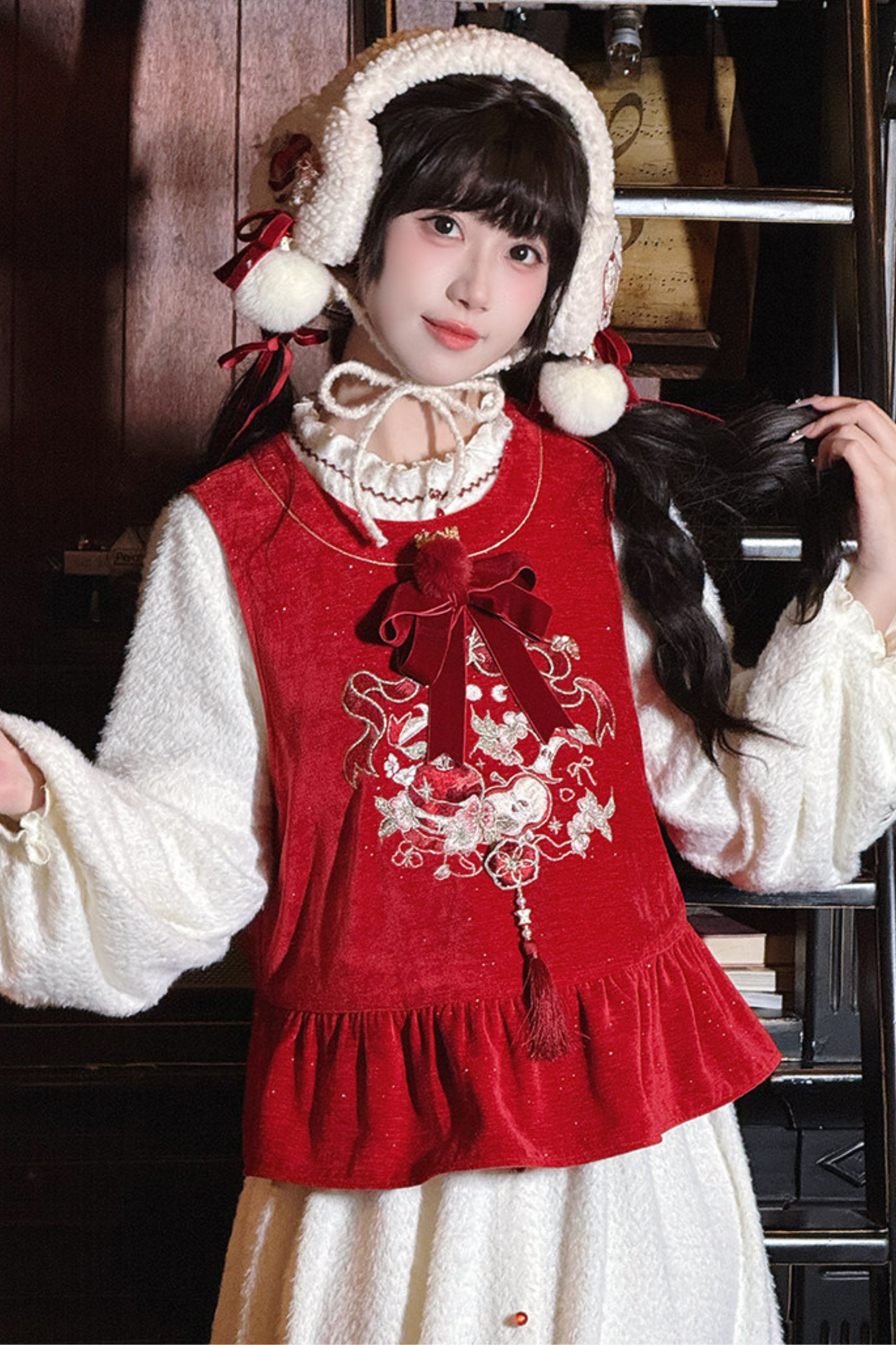 Chinese Dark Red Vest + Dress + Ear Cuffs