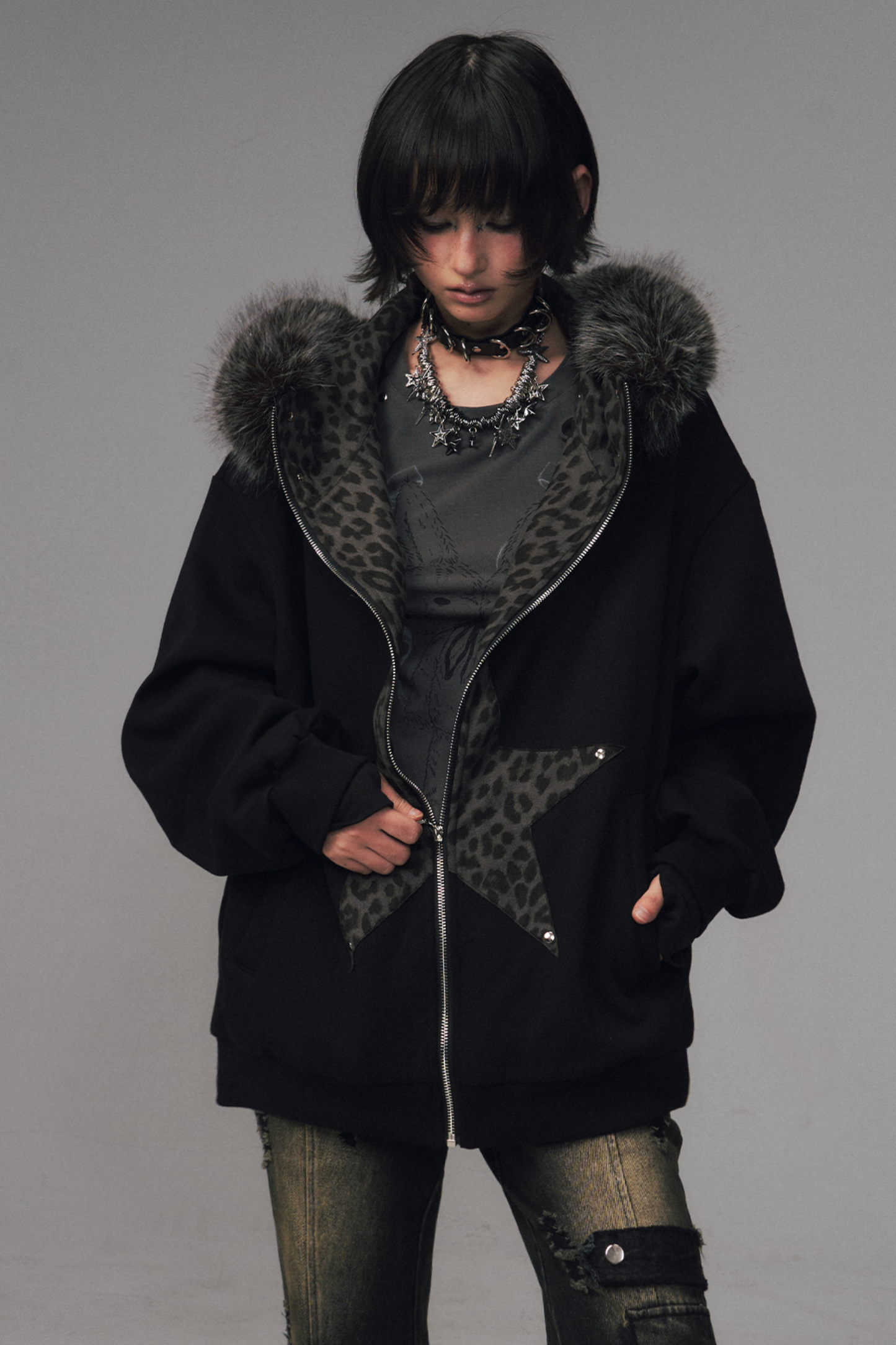 Leopard Print Fur Collar Jacket