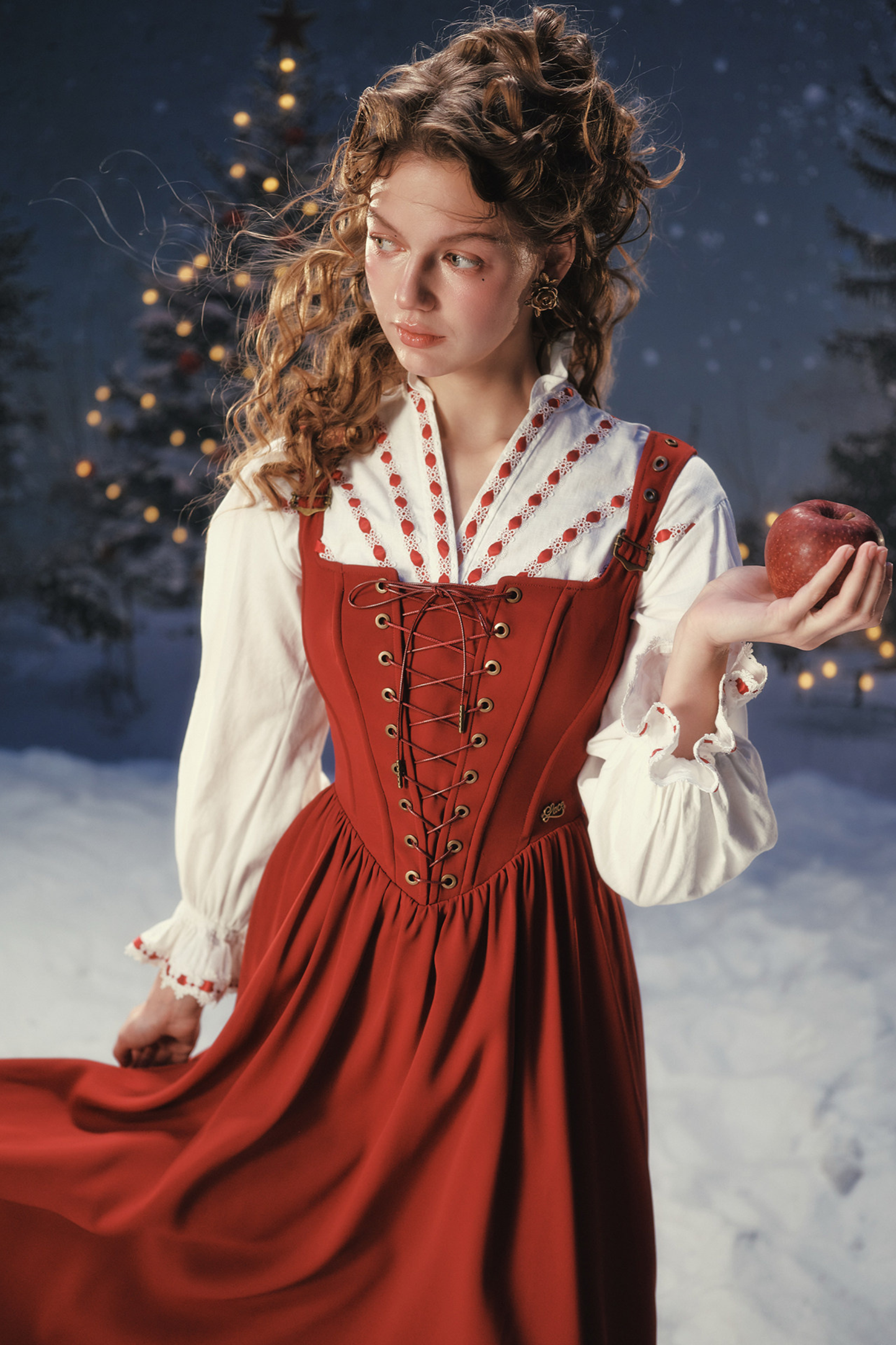 Lace Maid Retro Red Suspender Dress + Blouse