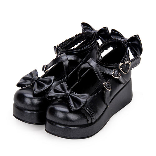 Cute Round Toe Shallow Mouth Bowknot Middle Heels Lolita Shoes Black