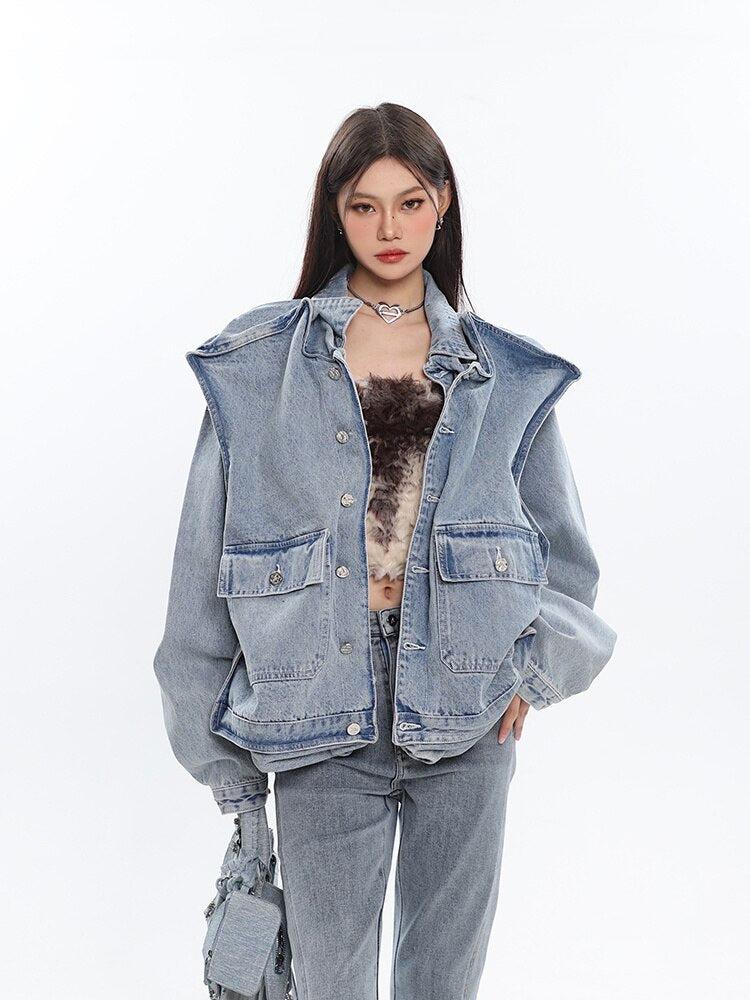 Asymmetric Design Denim Jacket Blue