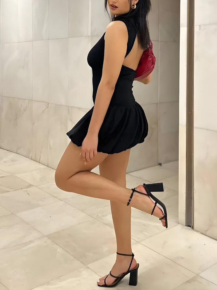 Backless Bubble Mini Dress Black