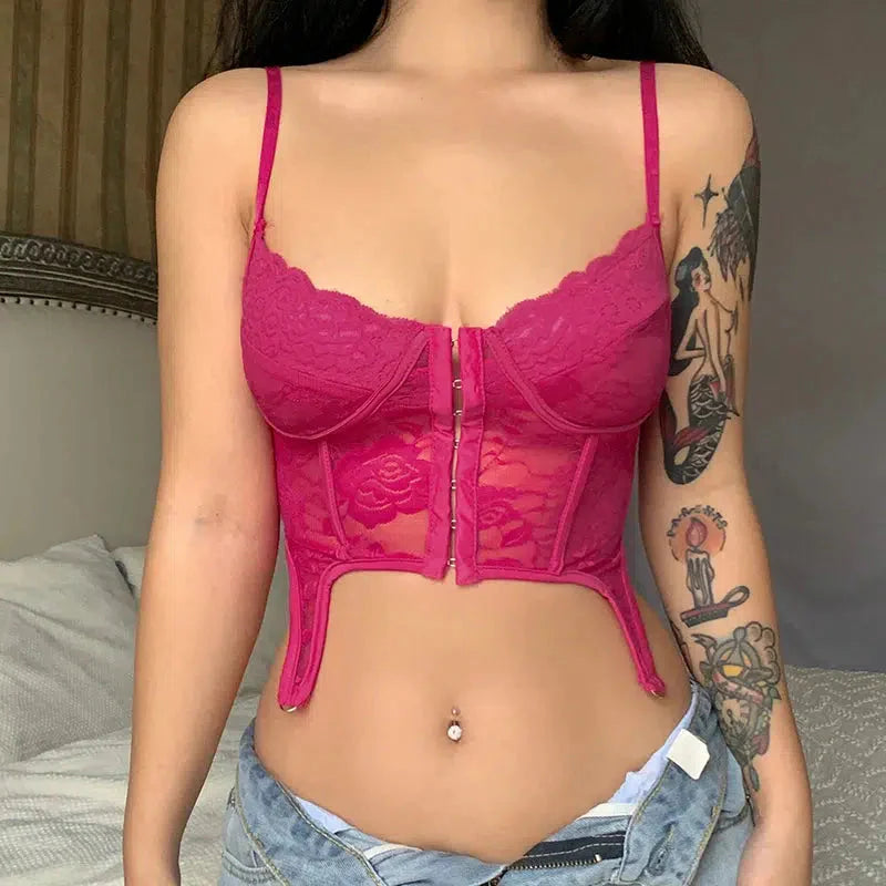 Baddie Lace Crop Corset Top Pink