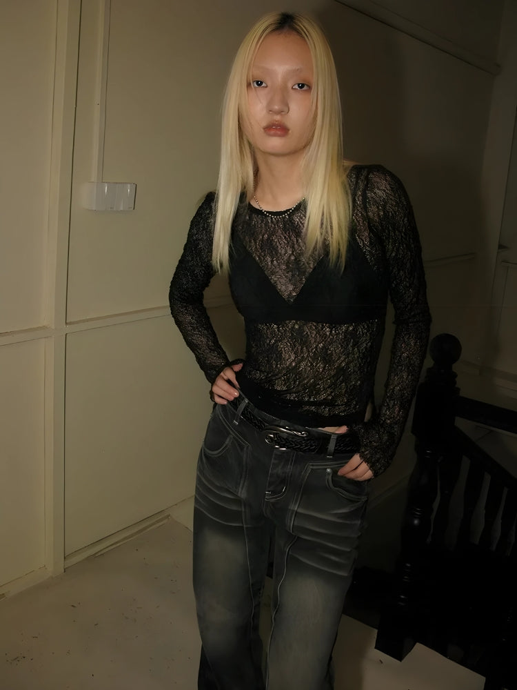 Baddie Lace Sheer Top Black One Size