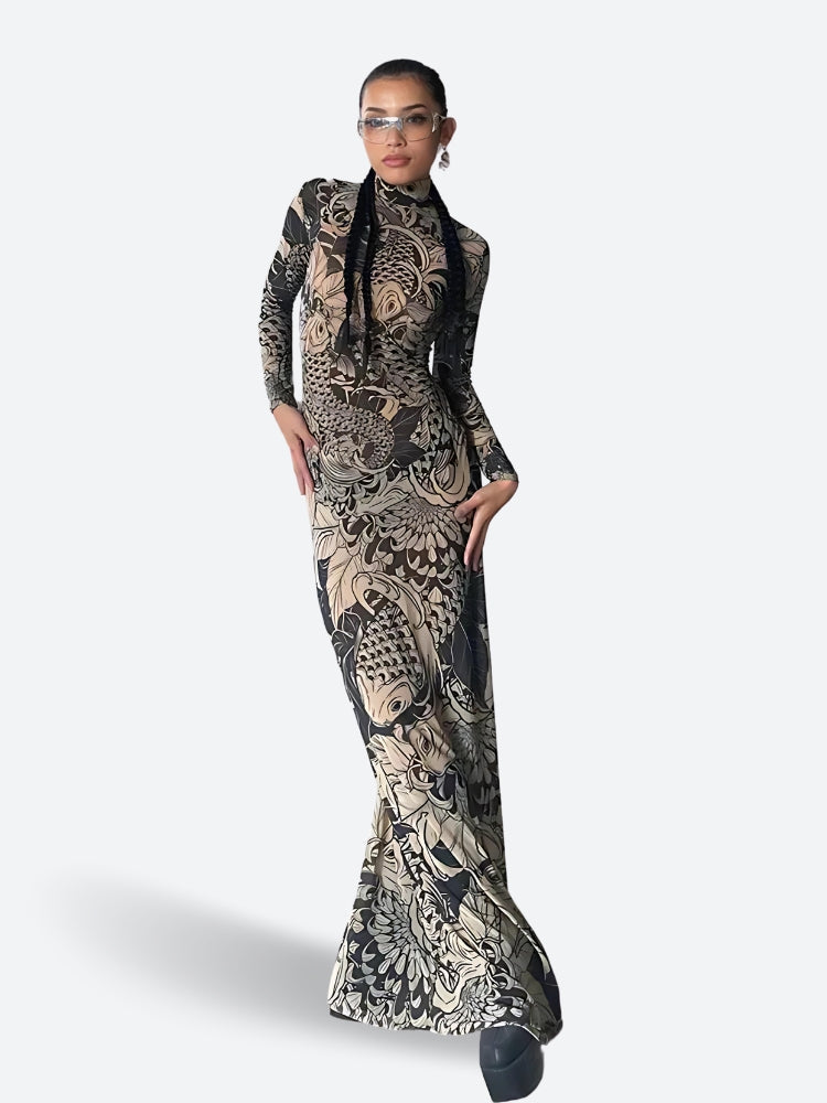 Baddie Tattoo Maxi Dress Beige
