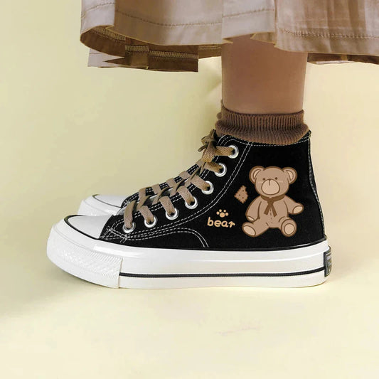 Bear Lace Up Canvas Shoes Black