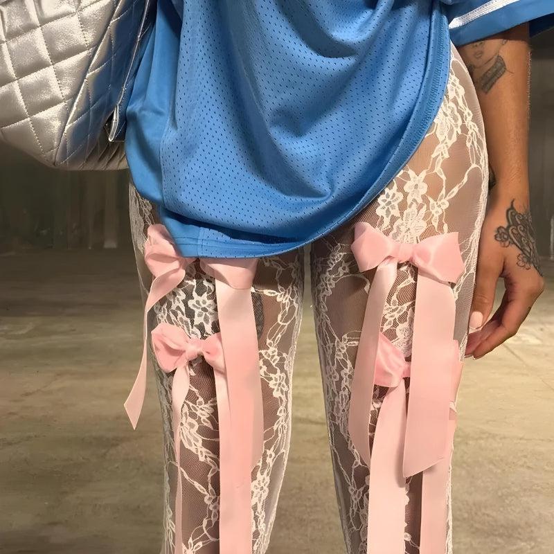 Bow Transparent Lace Flare Pants White