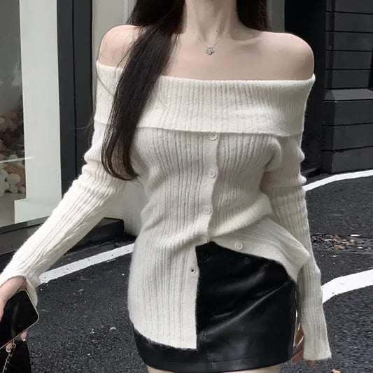 Button Up Off Shoulder Knitted Top Cream