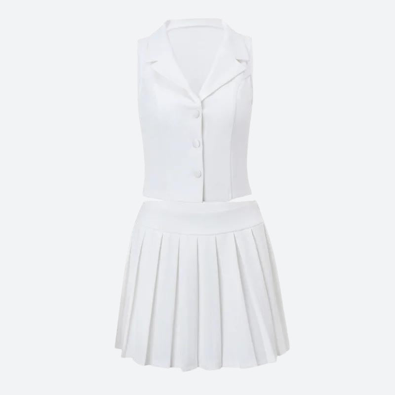 Button Up Top & Pleated Mini Skirt Two Piece Coord