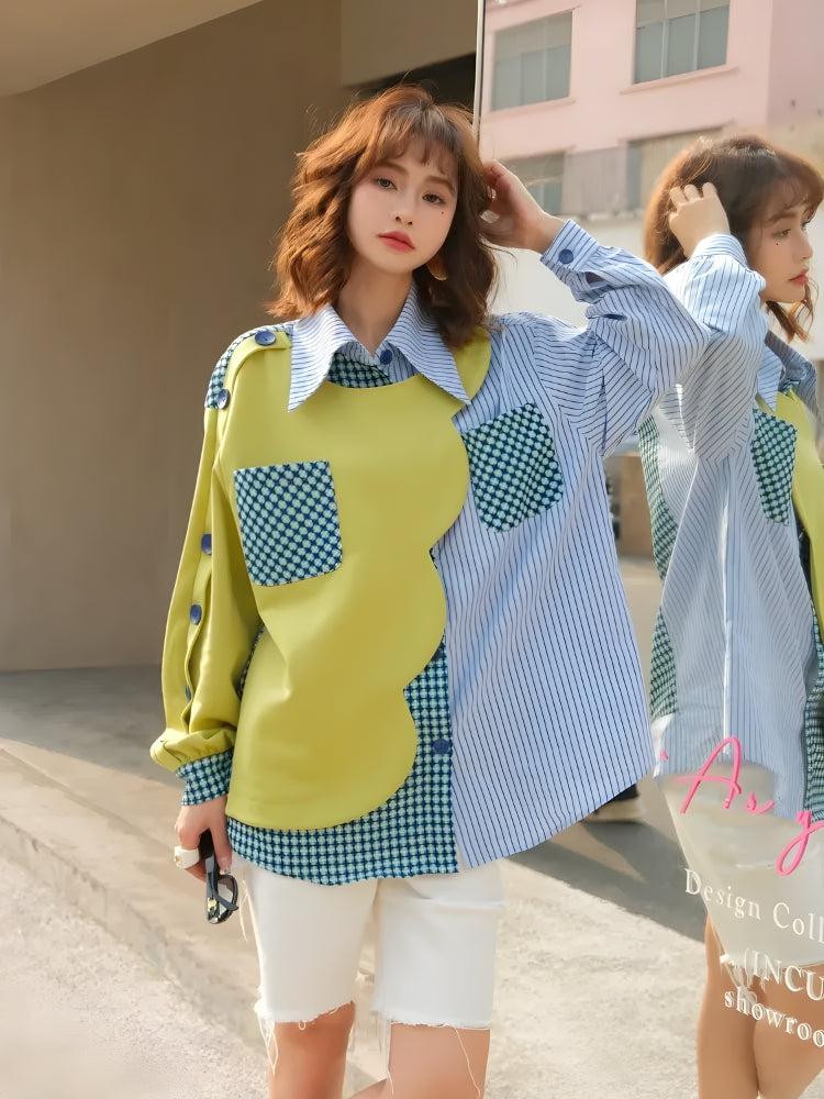 Buttoned Sleeved Patchwork Shirt Mix