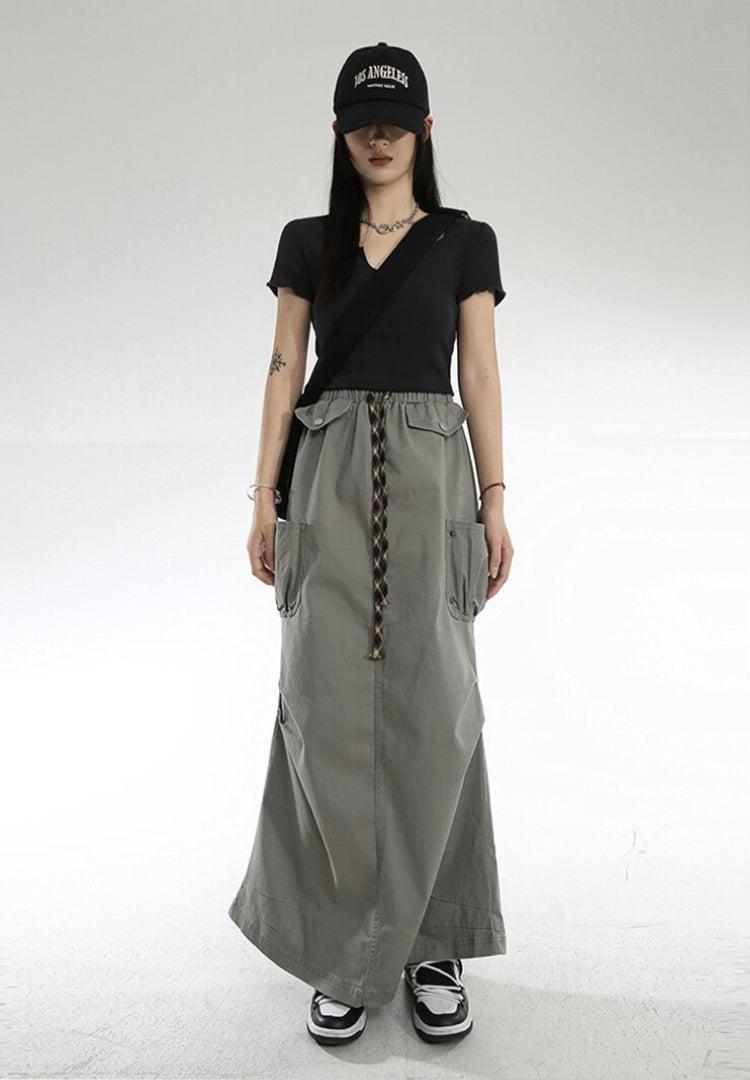 Cargo Pockets Parachute Maxi Skirt Gray