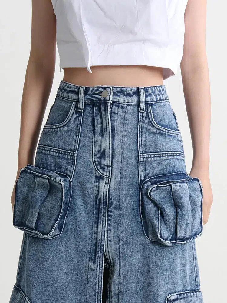 Cargo Split Denim Midi Skirt