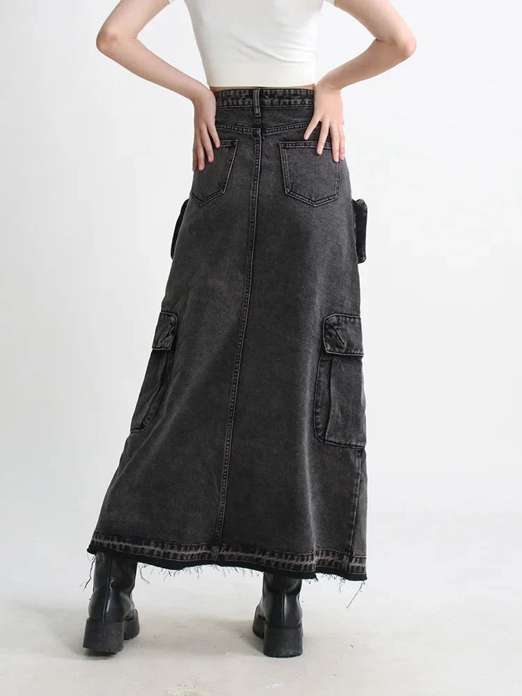 Cargo Split Denim Midi Skirt