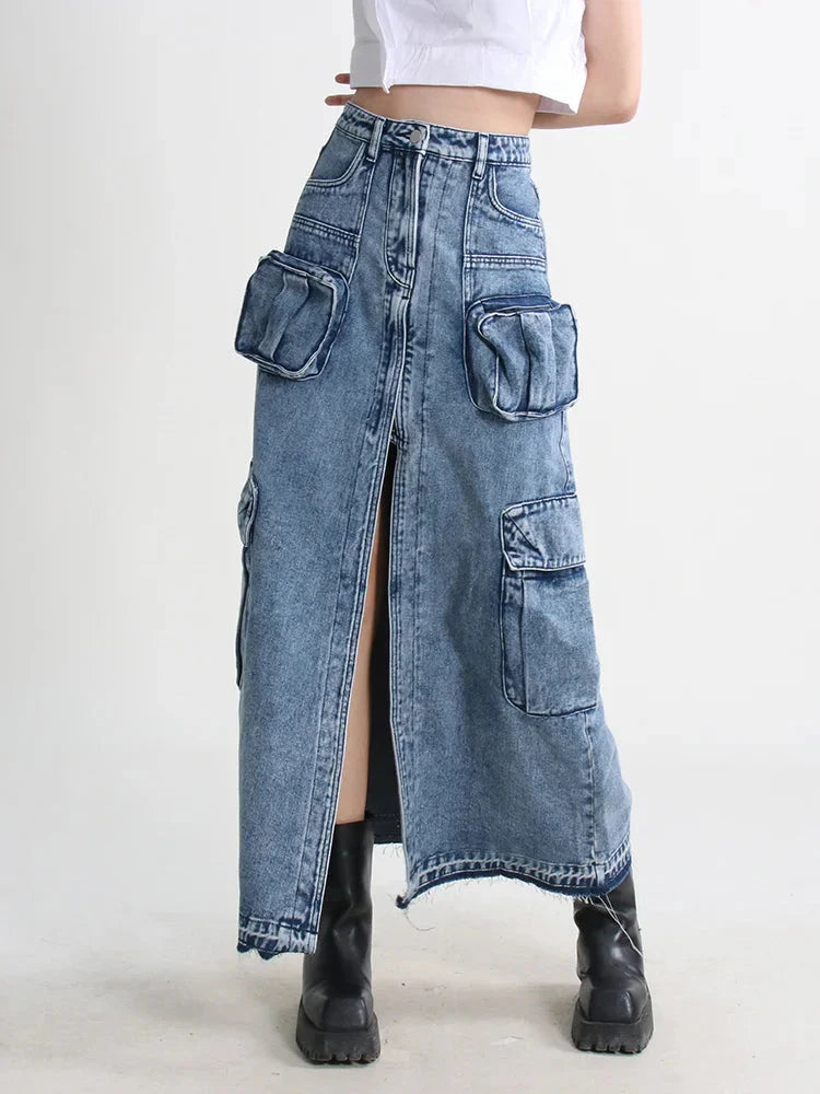 Cargo Split Denim Midi Skirt Blue