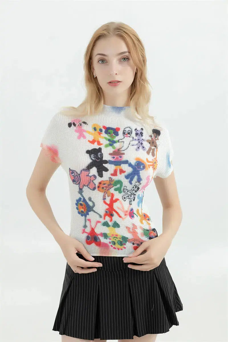 Cartoon Figures Printed Top White One Size