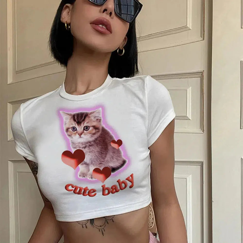 Y2k Grapic Cat Baby Tee White