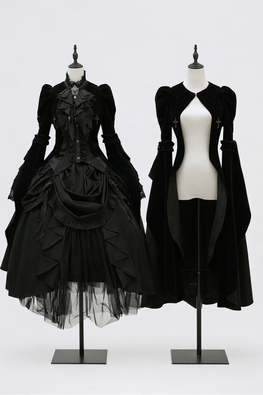 [Pre-order] Gothic Lolita Black Cross Detail Flare Sleeve Long Coat + Headdress