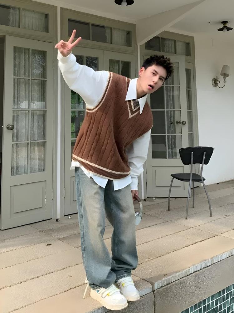 College Knit Sweater Vest Brown