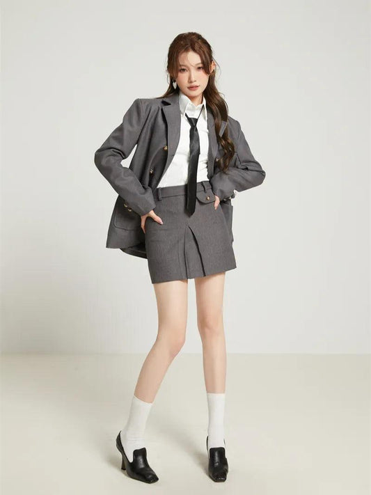 College Style Skirt, Blazer & Shirt Set Set (Blazer+Skirt+Shirt)