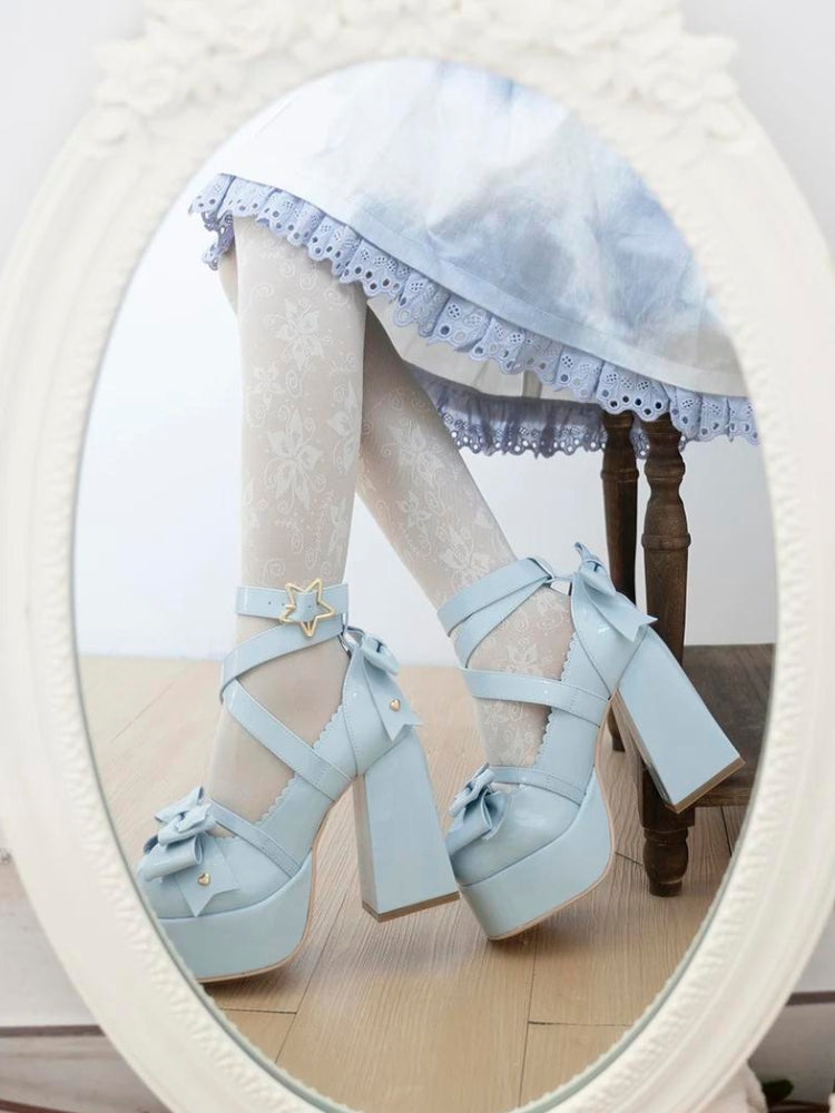 Coquette Bow Star Buckled Platform High Heels Light Blue