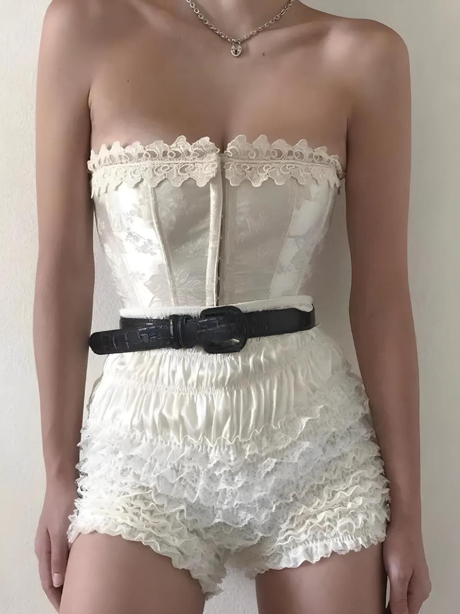 Coquette Lace Ruched Ruffled Shorts White