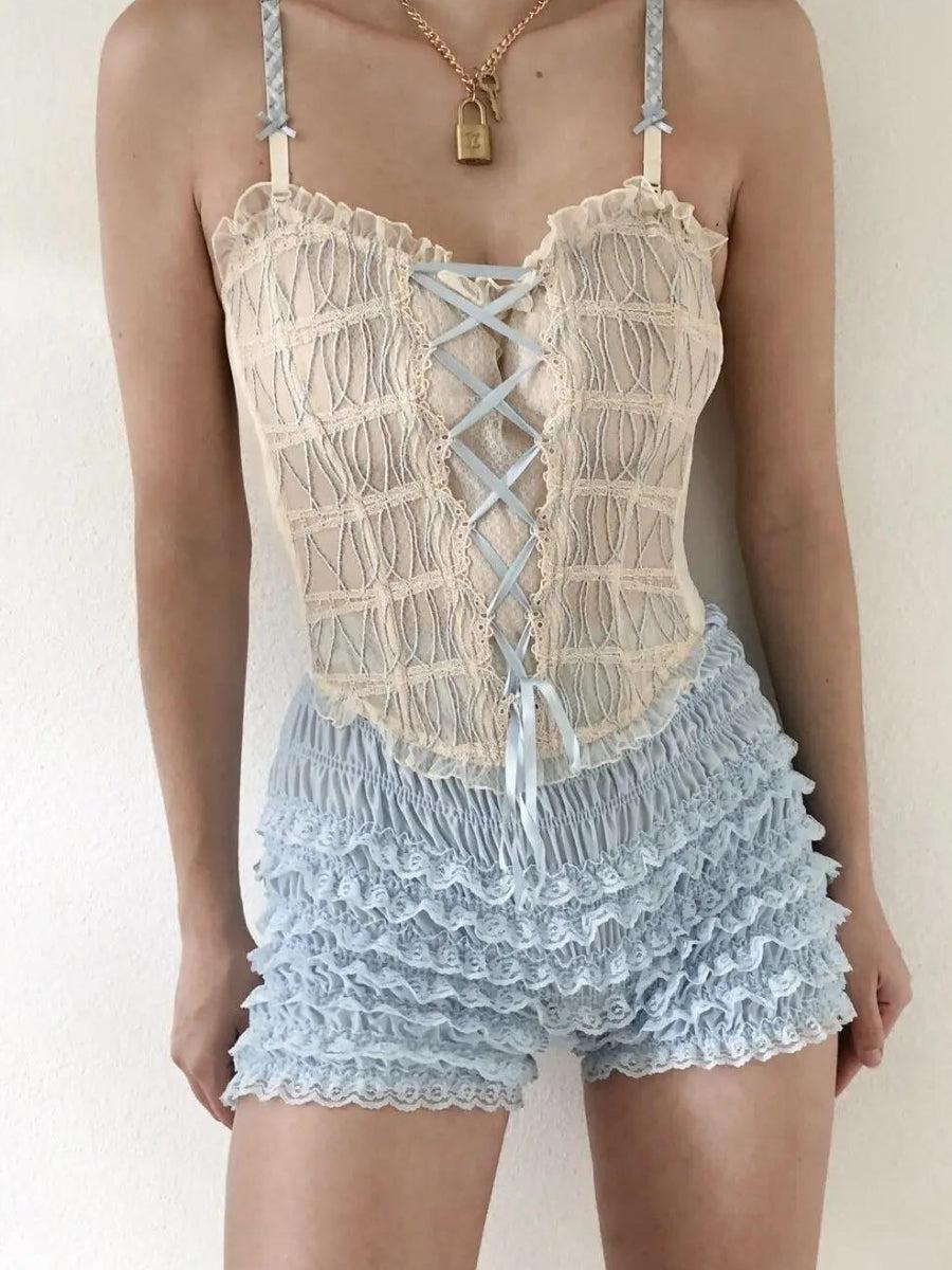 Coquette Lace Ruched Ruffled Shorts Light Blue