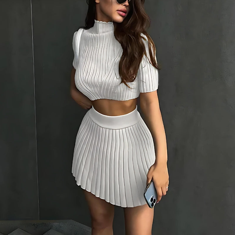 Corduroy Knitted Crop Top & Mini Skirt Two Piece Coord