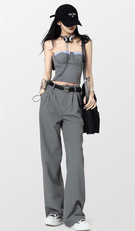 Corset Top & Wide Leg Pants Two Piece Set Gray