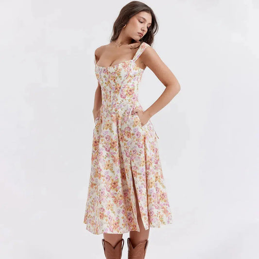 Cottagecore Floral Corset Midi Dress Pink