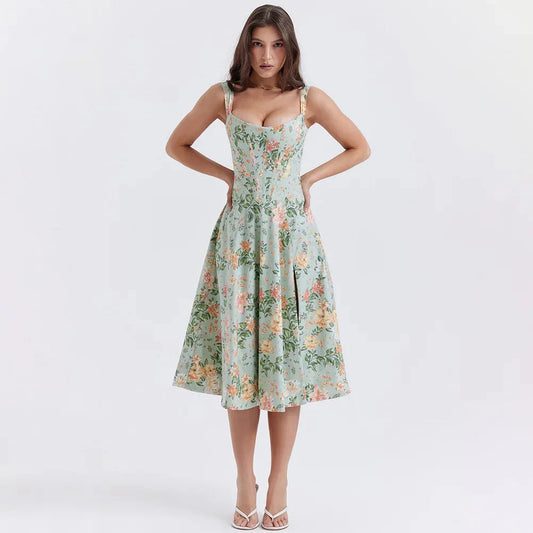 Cottagecore Floral Corset Midi Dress Light Green