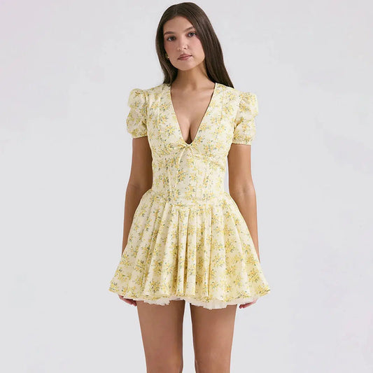 Cottagecore Floral Plunge Neck Mini Dress Yellow