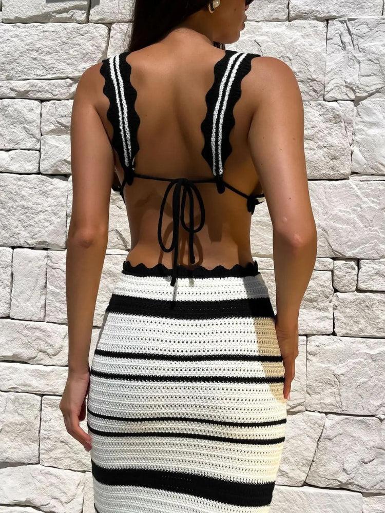 Crochet Striped Crop Top & Maxi Skirt Two Piece Coord