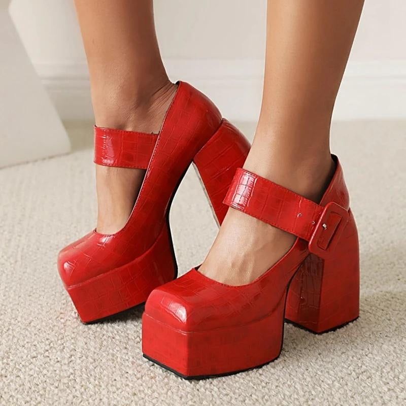 Crocodile Square Toe Platform High Heels Red