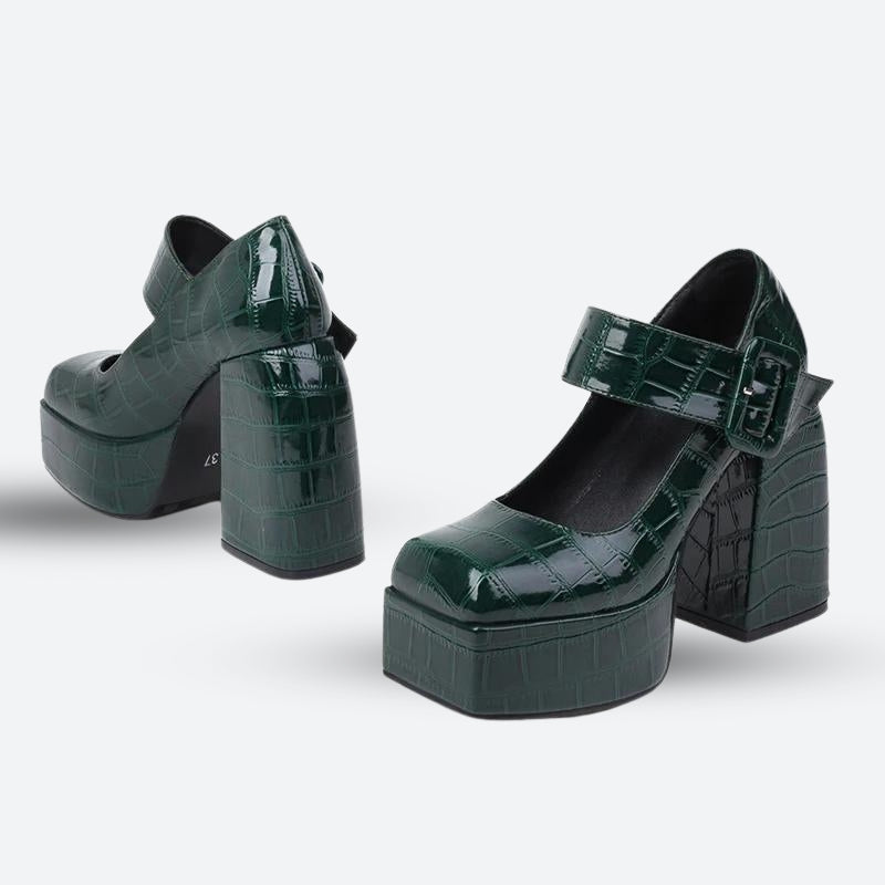 Crocodile Square Toe Platform High Heels Dark Green