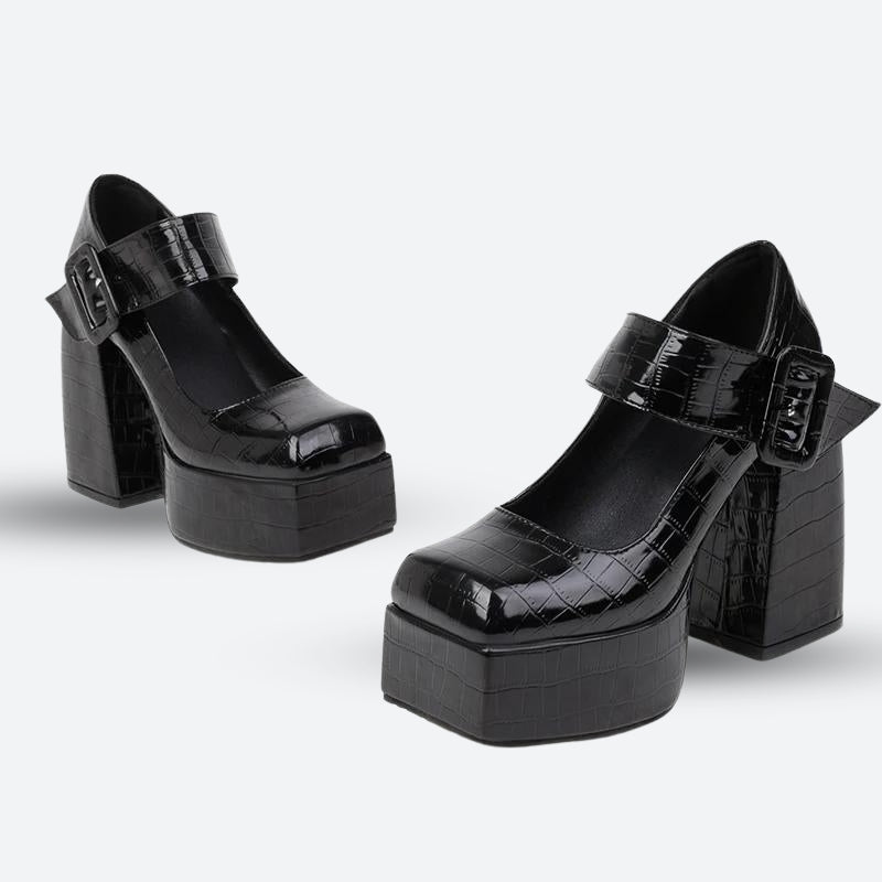 Crocodile Square Toe Platform High Heels Black