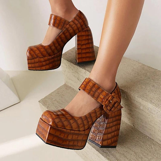 Crocodile Square Toe Platform High Heels Brown